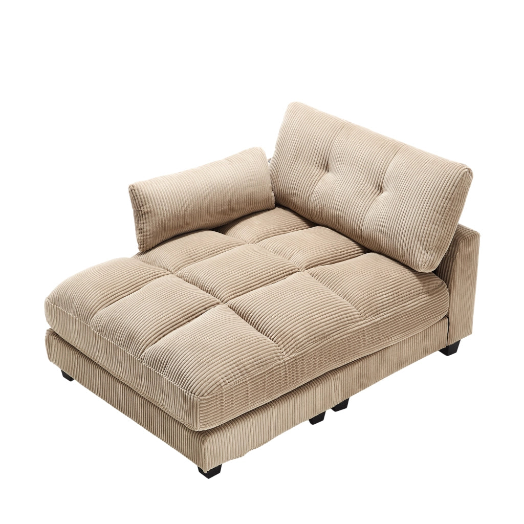 Poltrona Chaise Longue con Poggiatesta Regolabile, USB, 3 Portabicchieri e Tasca Laterale, in Velluto a Coste Cachi 140 × 112 × 81 cm