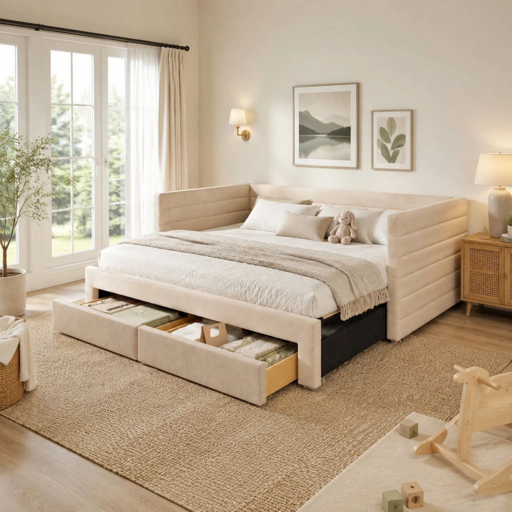 Letto imbottito estraibile 3 in 1 beige 90x190 cm con 2 cassetti