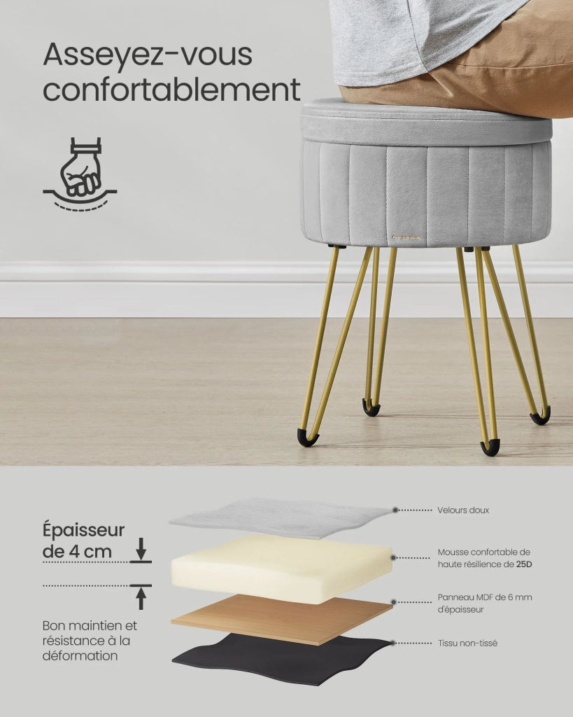 Sgabello rotondo in velluto con contenitore diametro 39 cm 4 gambe in metallo per cabina armadio soggiorno camera da letto grigio 12_0006165