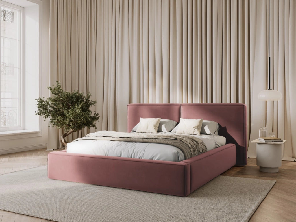 Cosmopolitan Design - Letto a cassettone con testiera doppia "Arendal" 180x200cm in velluto rosa 