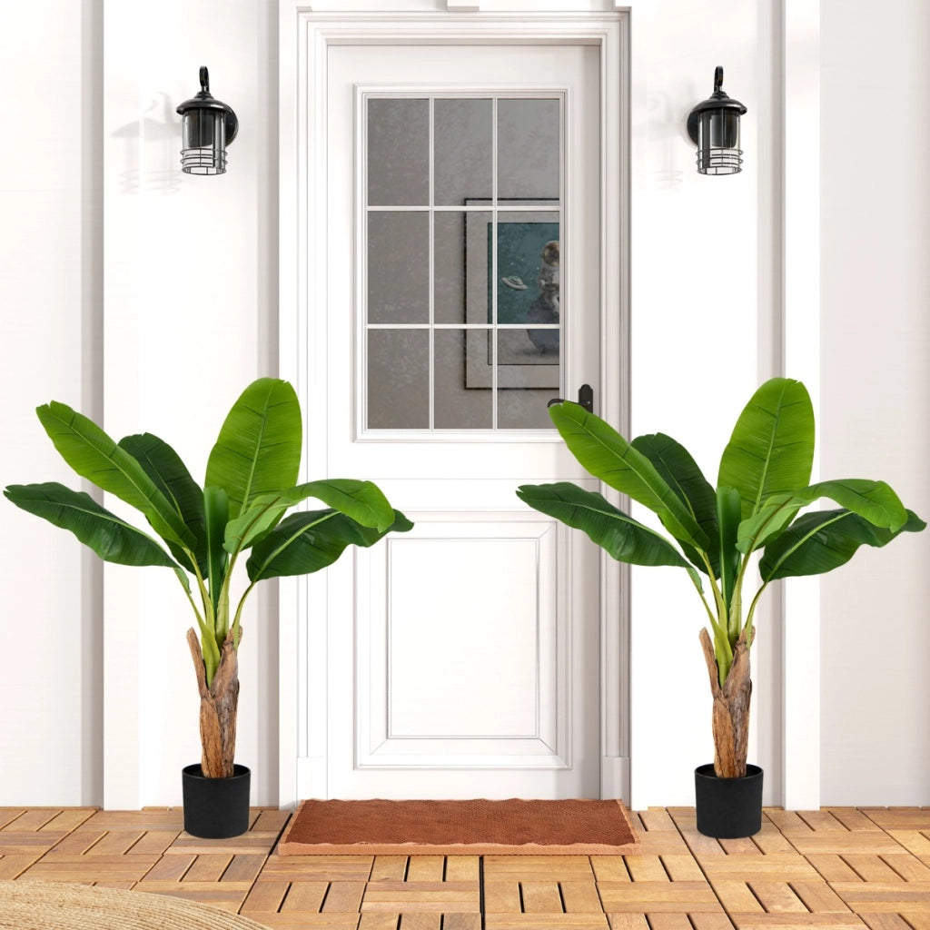 Pianta finta con foglie di banana e rami regolabili con vaso, Set da 2 alberi di banane artificiali da interno Verde-Piante artificiali