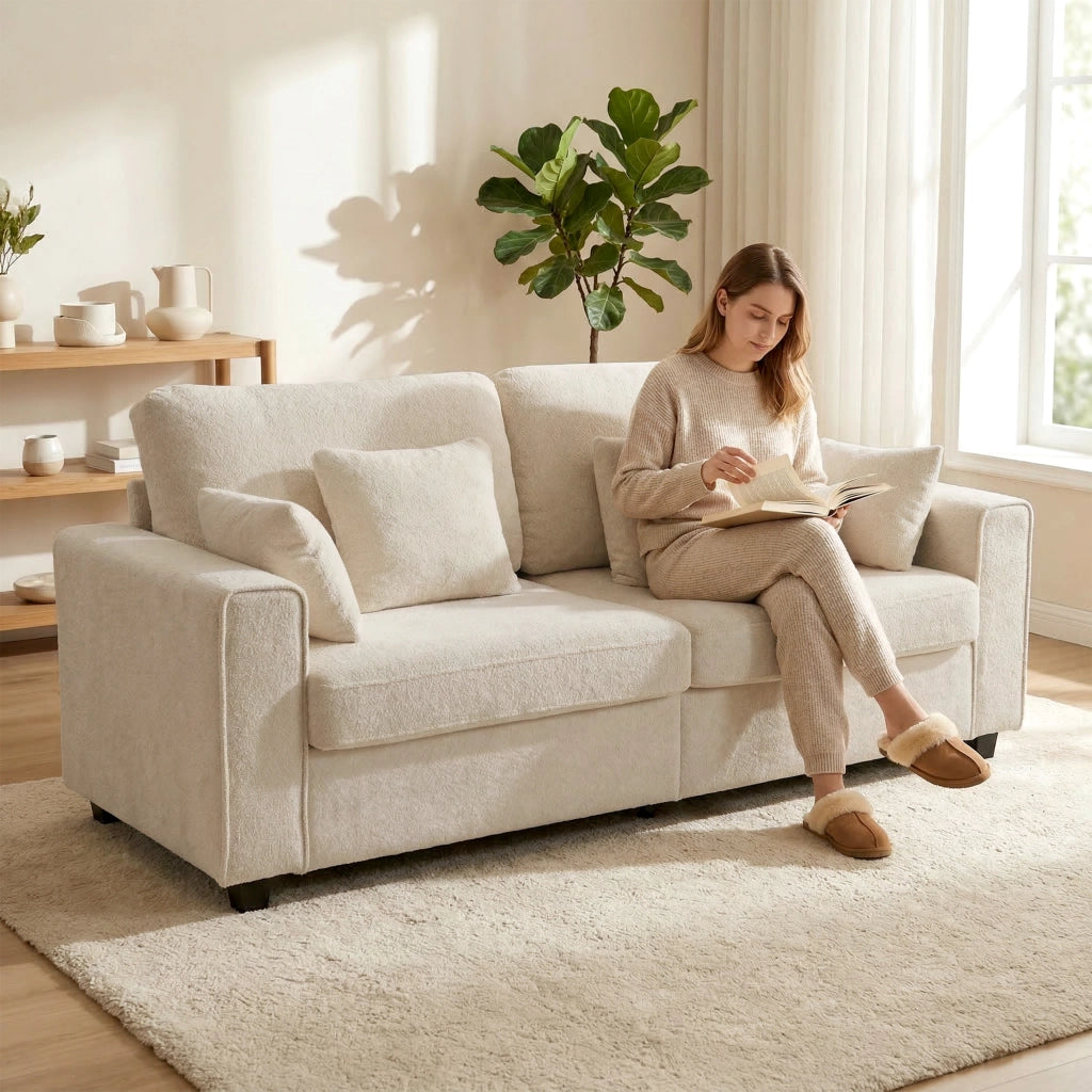 Divano 3 posti in velluto beige ¨C Xylo ¨C seduta profonda con cuscini e braccioli larghi
