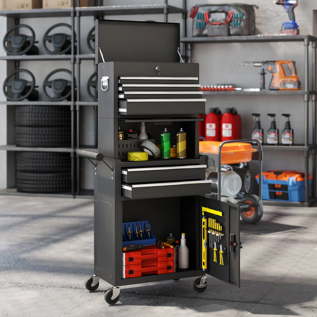 Carrello per attrezzi 3 in 1 con cassetti e pannello forato ¨C zephmum ¨C nero, acciaio