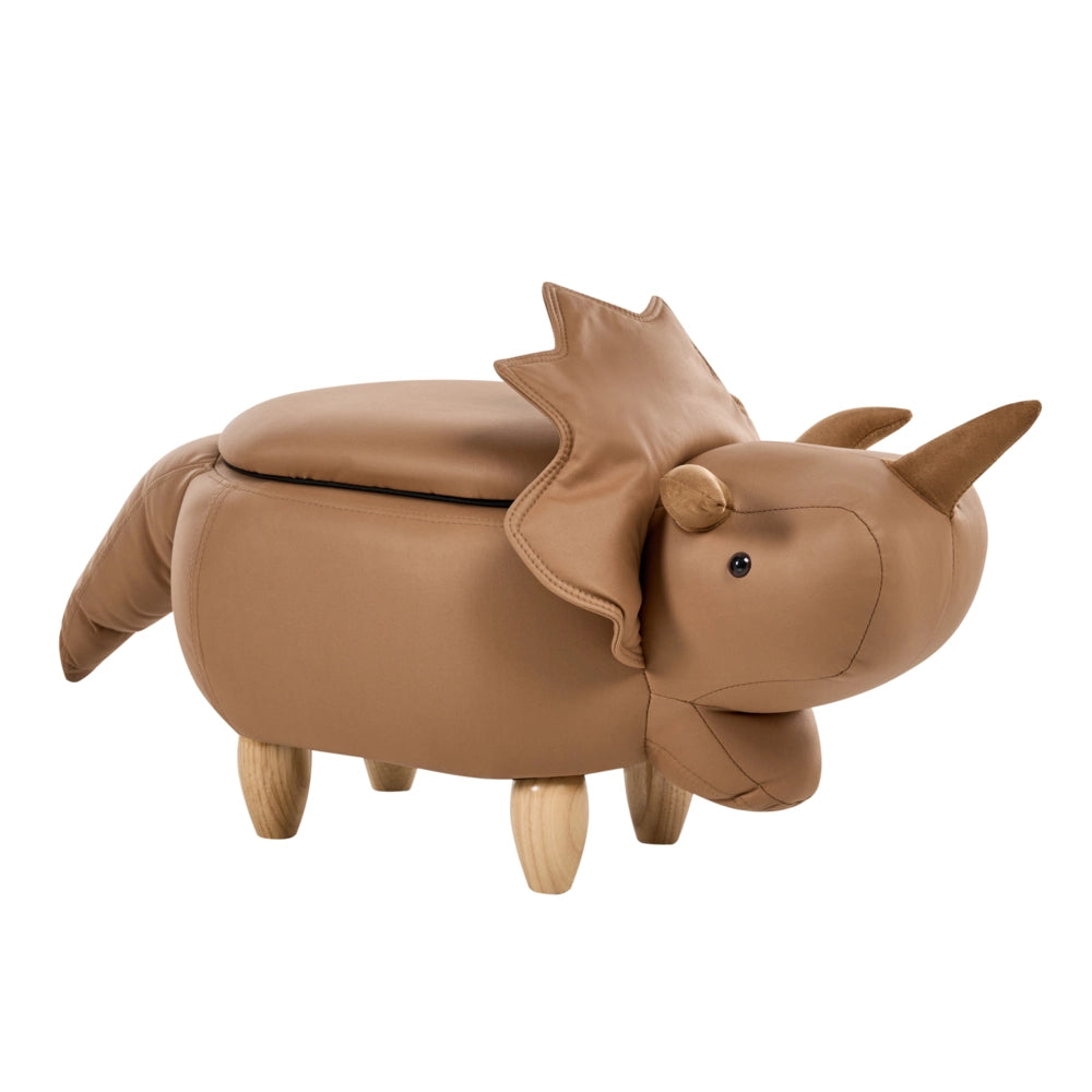 Animale Triceratopo Sgabello per bambini Tessuto in poliestere marrone Gambe in legno imbottite contenitore Poggiapiedi cameretta