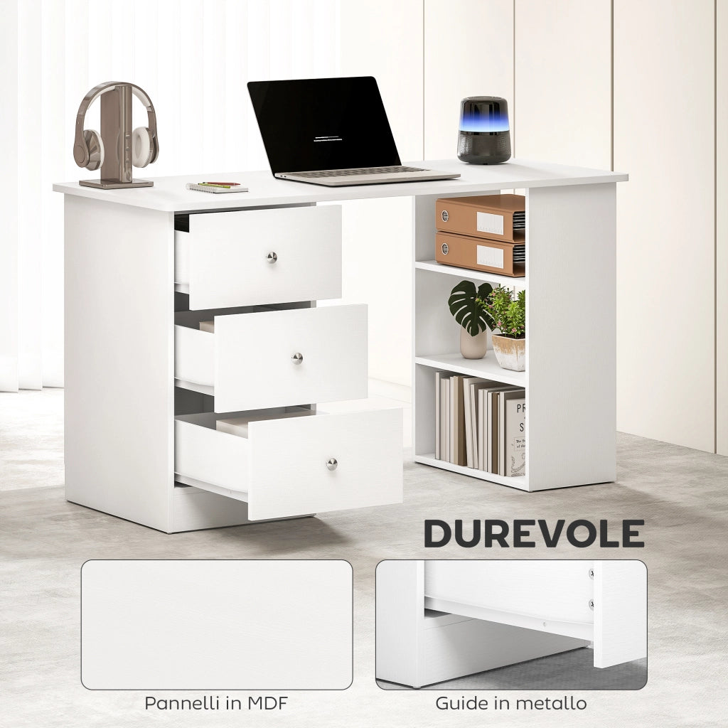 Scrivania Porta PC per Camera e Ufficio con Cassettiera e Ripiani Portaoggetti in Legno 120x49x72cm Bianco