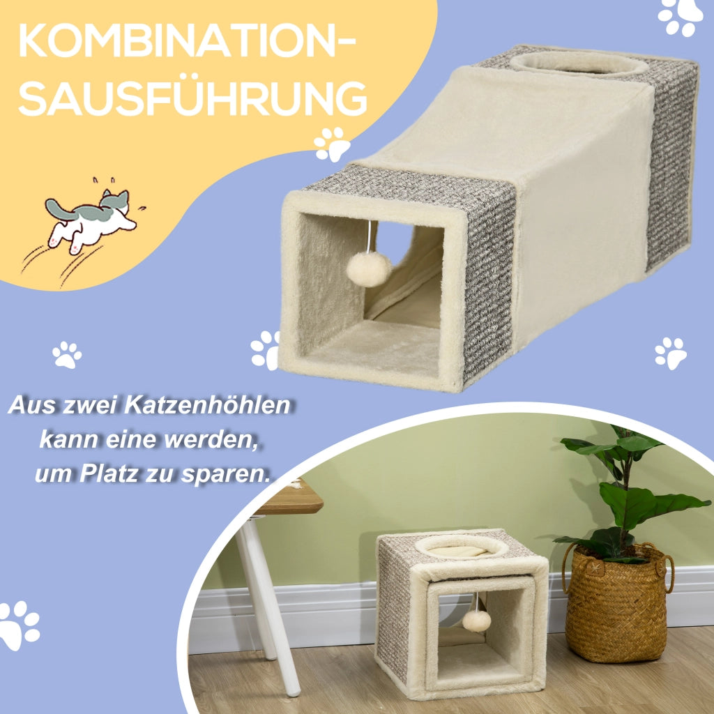 Tunnel per Gatti con 2 Tane, Superfici per Graffiare e Giocattolo a Palla ¨C zephmum ¨C 98x30x30, Marrone Beige