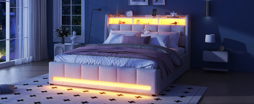 DESMIU Letto Matrimoniale con 2 Cassetti, USB, LED Regolabile e Vano 140 × 200 cm, Senza Materasso, Lino Beige