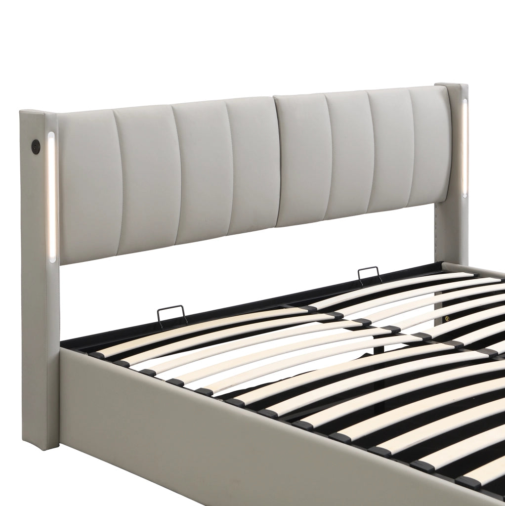 Letto LED con USB Type-C; contenitore; testiera regolabile; 180x200 cm; PU grigio
