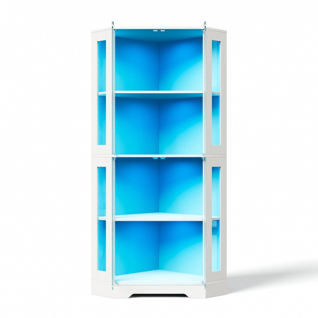 Credenza alta in MDF e vetro con LED RGB, 40x40x165 cm, vetrina con 4 ante e ripiani regolabili