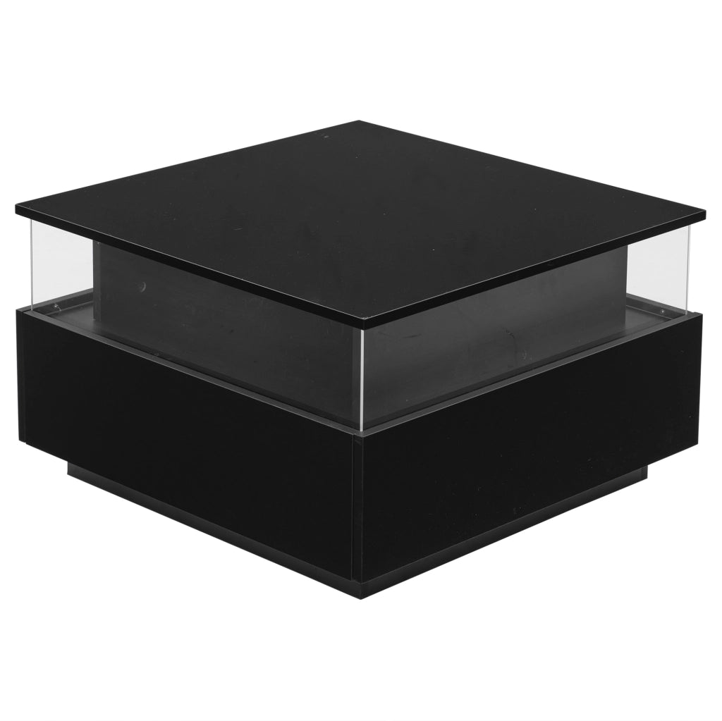 Tavolino da salotto moderno 70x70x41 cm nero in truciolare con LED; 2 cassetti e vano trasparente