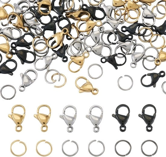 Confezione di 60 chiusure a karabina in acciaio inossidabile - 3 colori - apertura a molla - dimensioni 11,8-12,1 x 7 x 3,5 mm - per accessori di gioielleria - per la creazione di gioielli