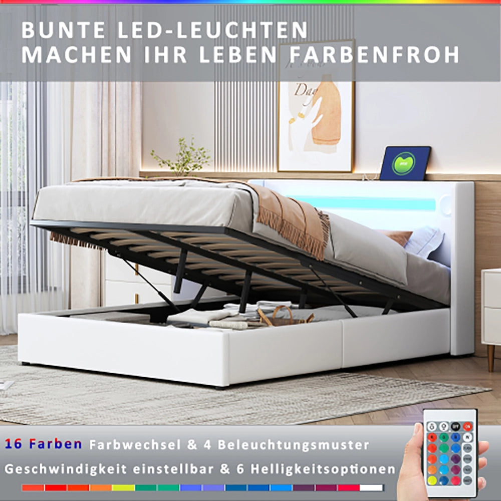 Letto a cassone con LED Bluetooth - Xylo - 140x200 cm - Bianco - USB in Pelle PU