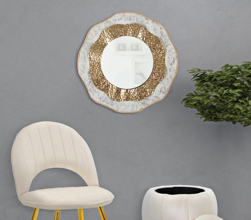 Specchio da Muro Shai Light Ø54,5x4,5 cm in Ferro e MDF Oro e Crema