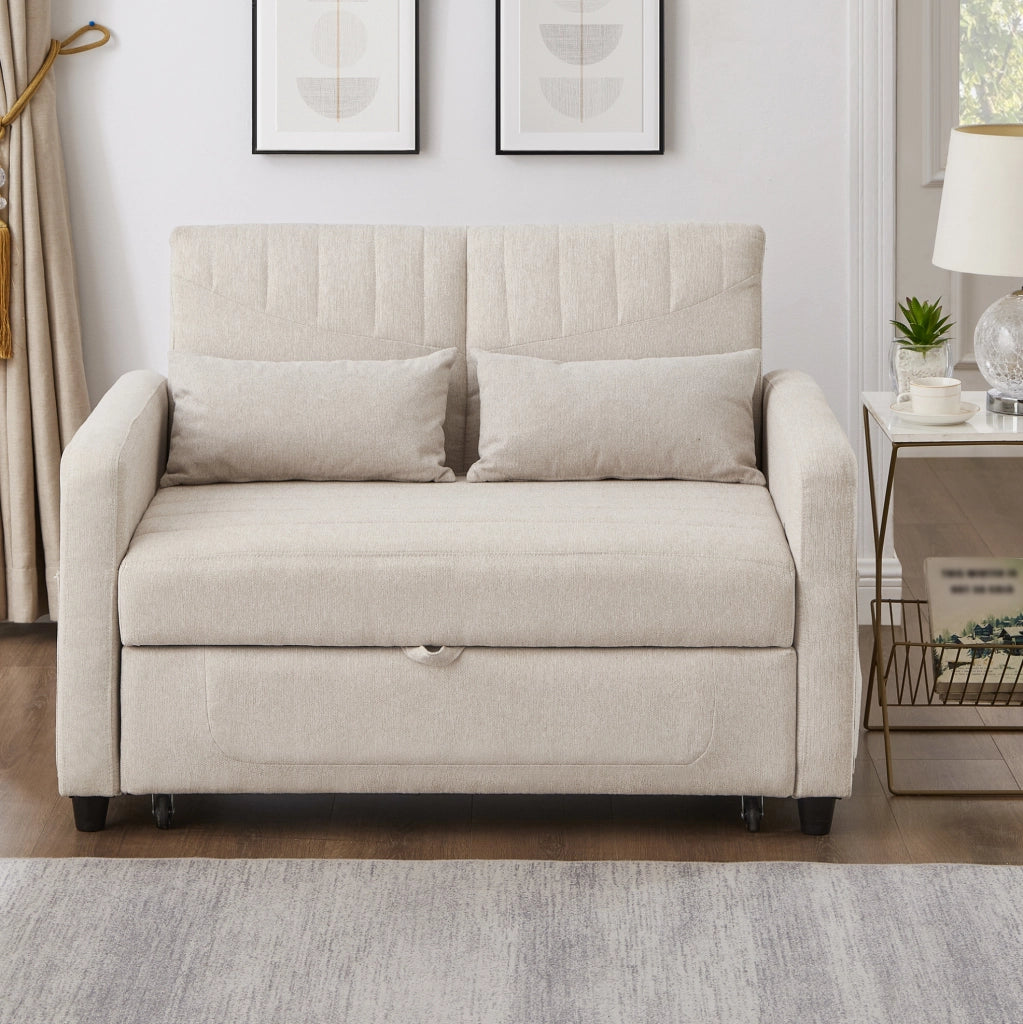 Divano letto 166x95 cm estraibile con schienale regolabile a 3 posizioni in schiuma e tessuto cotone-lino beige