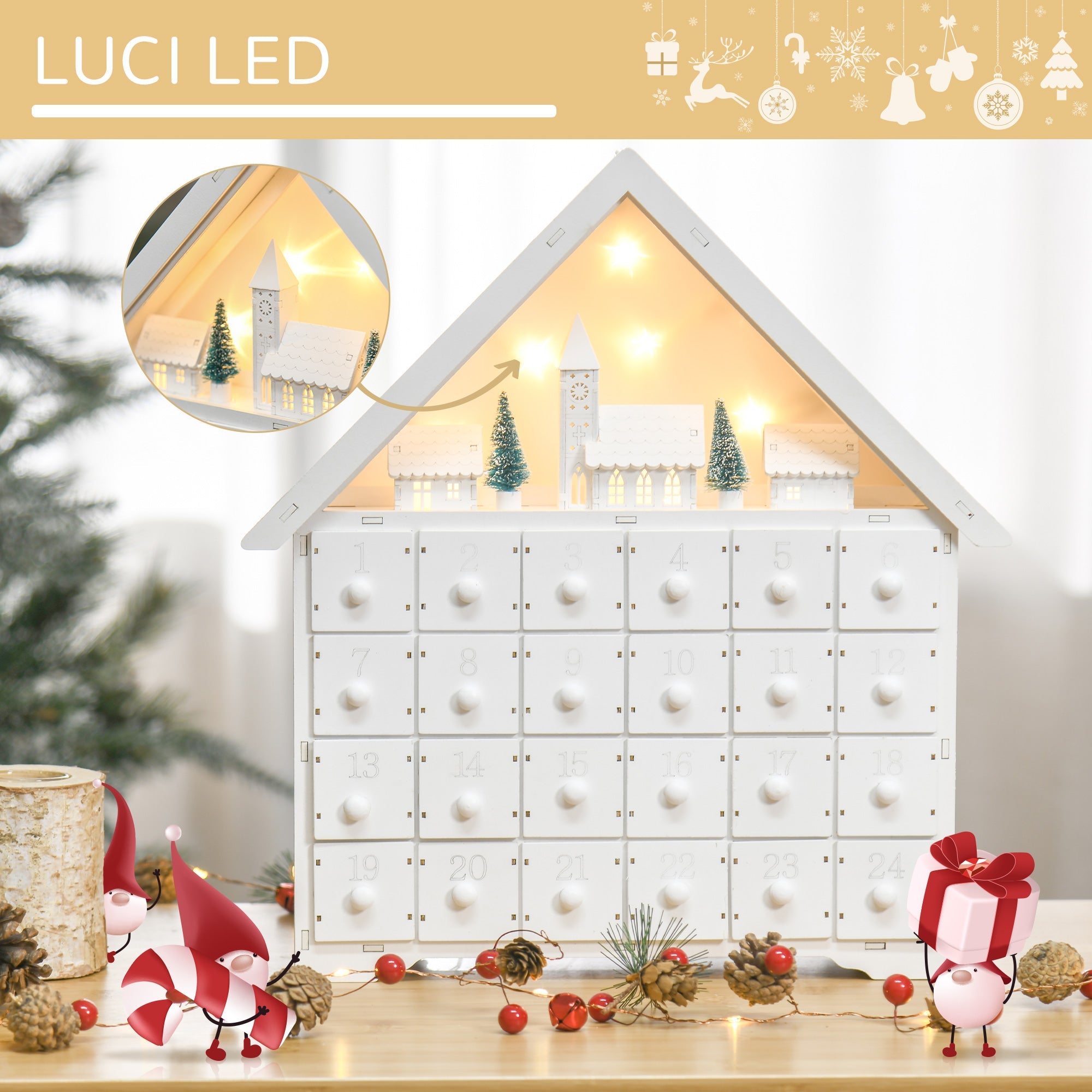 Calendario dell'Avvento  39x9x42 cm 24 Cassetti Villaggio di Natale con Alberi e Luci Bianco