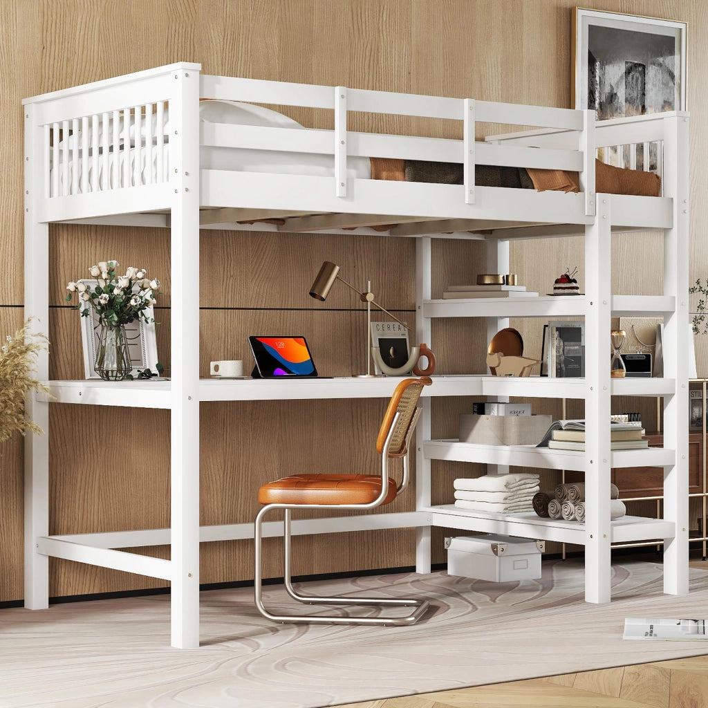 Letto a castello bianco in pino con scrivania sottostante e ripiani 90x200 cm