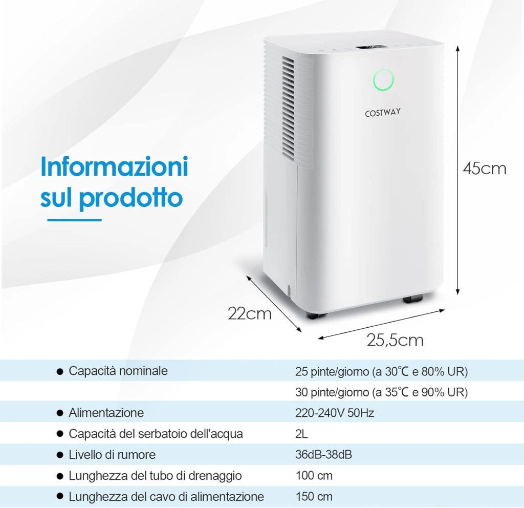 Deumidificatore Casa 15 ㎡ 15 L con 3 Modalità, 2 Velocità, Timer 24 Ore, Scarico Automatico o Manuale, Serbatoio dell’Acqua 2 L, Auto Sbrinamento, Ideale per Stanze Medio Grandi