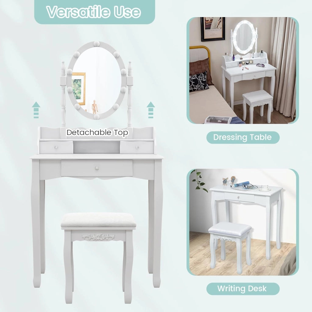 Scrivania da Toilette con Sgabello, Tavolo Vanity con Cassetti, 3 Modalità di Illuminazione, Luminosità Regolabile, Specchio Rotante a 360° Set di Tavolo per Trucco per Camera da Letto