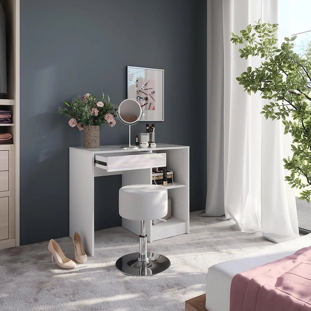 Tavolo da toeletta Sherry, Bianco/bianco lucido, 89.8 cm con sgabello