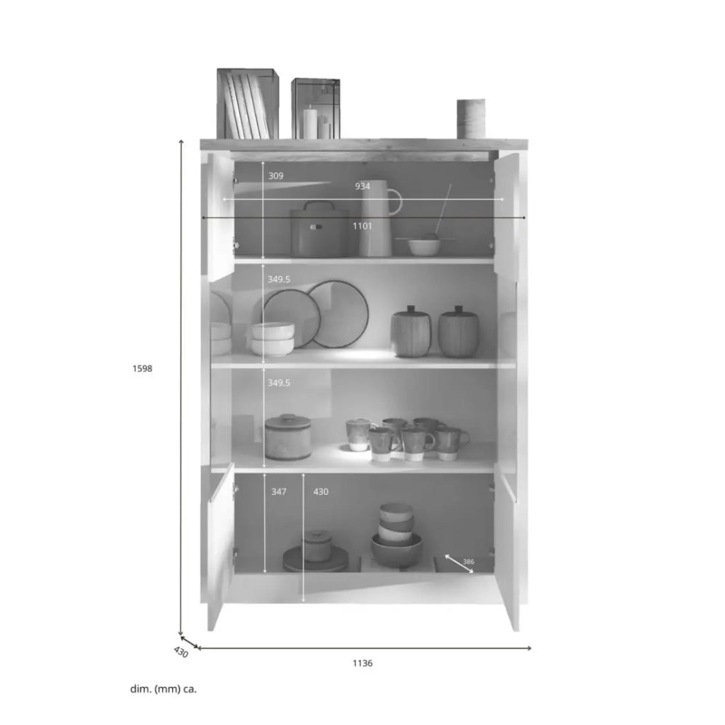 Vetrina SASHA – 2 porte in vetro +3 scaffali con LED integrato – Bianco lucido e Rovere Cadiz