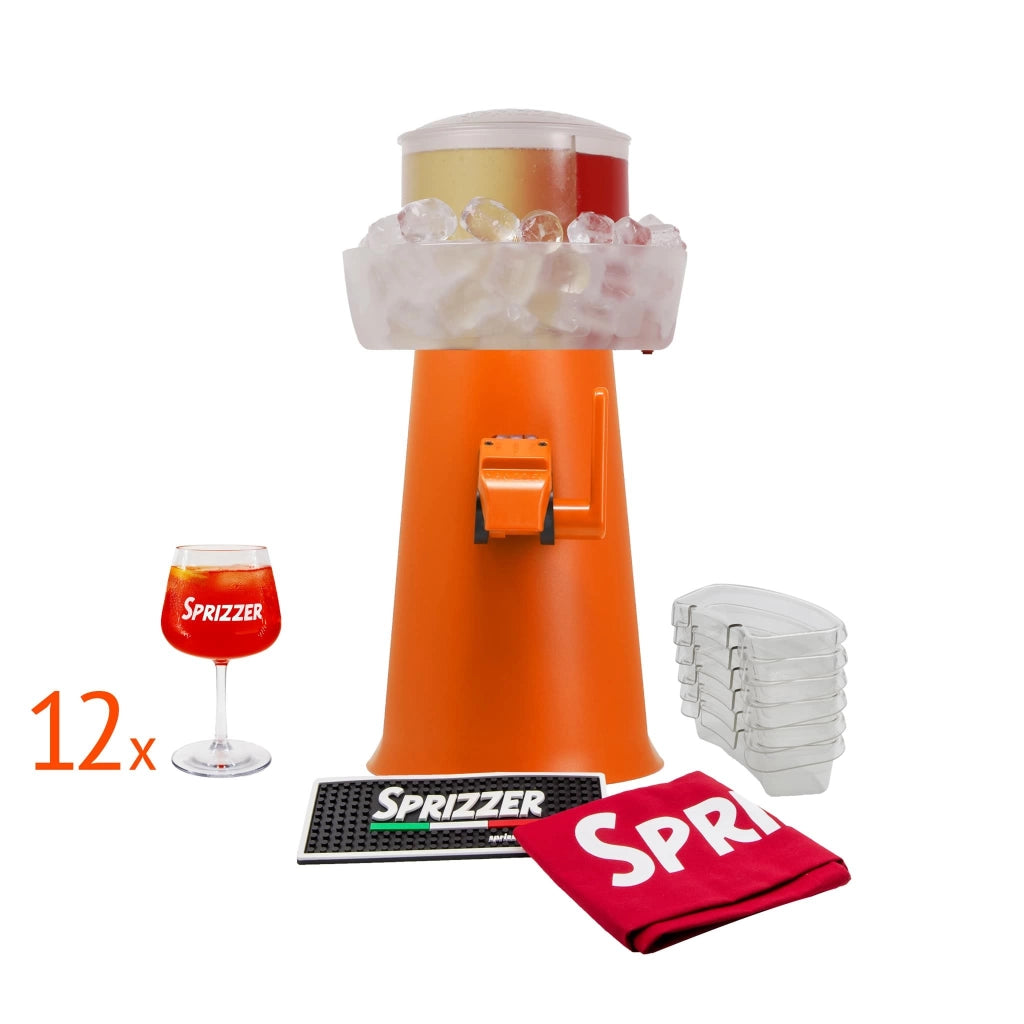 SPRIZZER Kit Completo Sprizzer Arancio con macchina in metallo arancione 12 bicchieri in vetro sacca rossa in tessuto resistente 6 vaschette Aperibox in plastica durevole e tappetino antiscivolo –