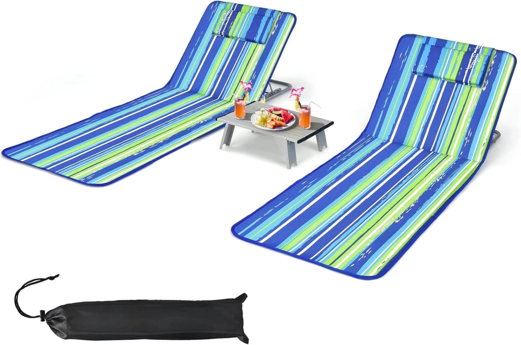 Set di 2 Materassi da Spiaggia Pieghevoli e Tavolino, Sedie a Sdraio da Spiaggia Regolabili in 5 Posizioni con Poggiatesta Rimovibile, Tasca per Giardino, Campeggio (Blu)