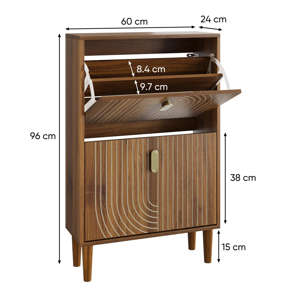 Scarpiera con 2 ante a ribalta e ripiani regolabili, maniglie in metallo, per ingresso, marrone, 93 × 54 × 12,5 cm