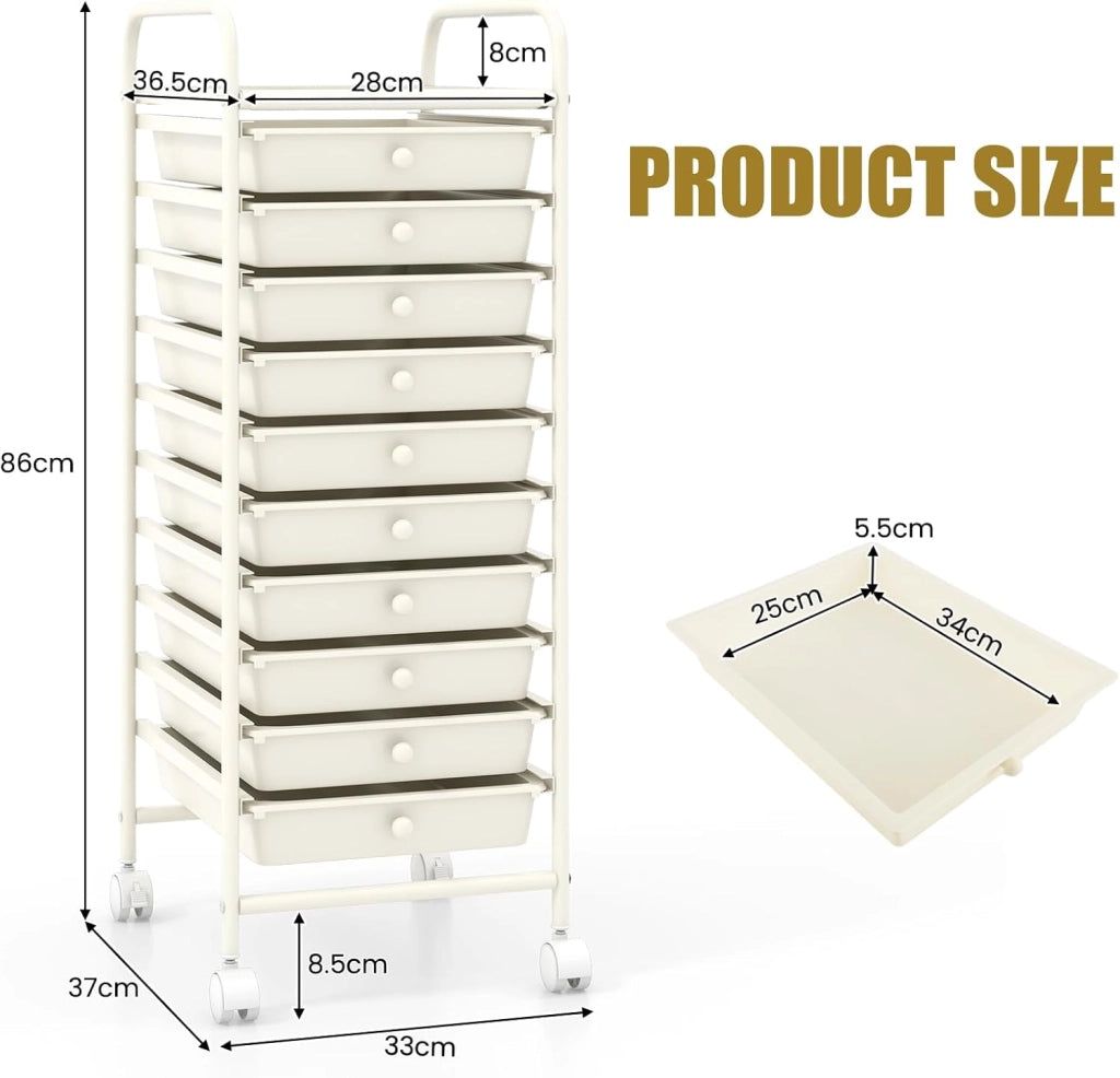 Carrello Portaoggetti con 10 Cassetti, Telaio in Metallo e Struttura in Plastica, 4 Ruote di cui 2 con Freno, Organizer Multiuso per Ufficio, Cucina e Bagno, 33 x 37 x 86 cm