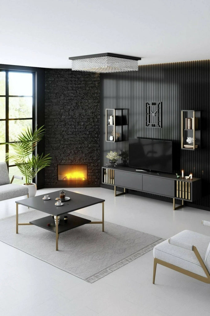 Tavolino da salotto Mia, Tavolo basso da caffè, Portariviste per divano, Ripiano da soggiorno, 80x80h40 cm, Antracite e Oro