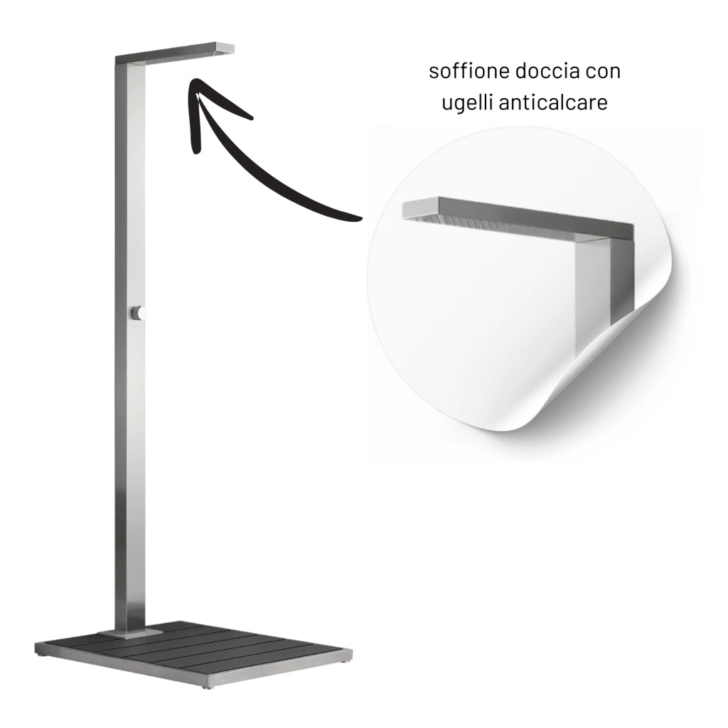 Doccia da esterno inox spazzolato modello faggio con pedana antiscivolo wpc