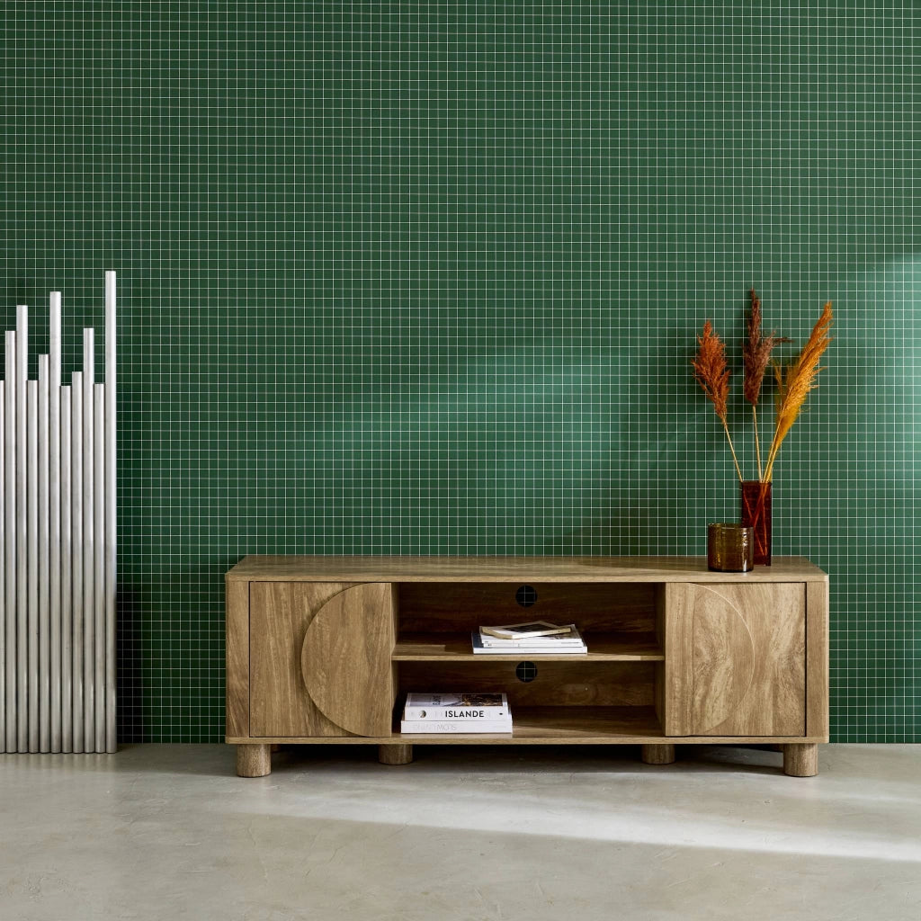 Mobile tv esotico effetto legno di mango 2 ante reversibili, 155cm,