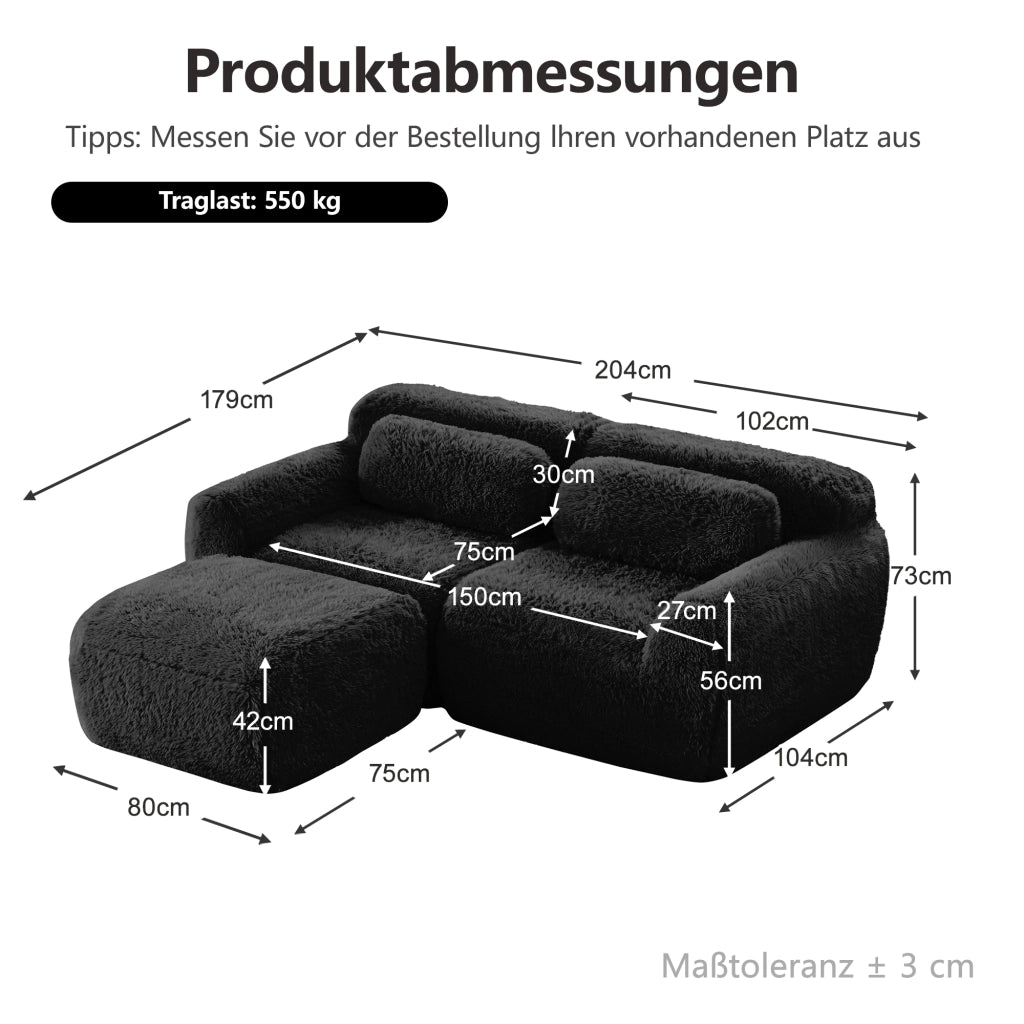 Divano Angolare Modulare 2 Posti con Design Senza Struttura, Cuscini e Base Antiscivolo, in Peluche Nero