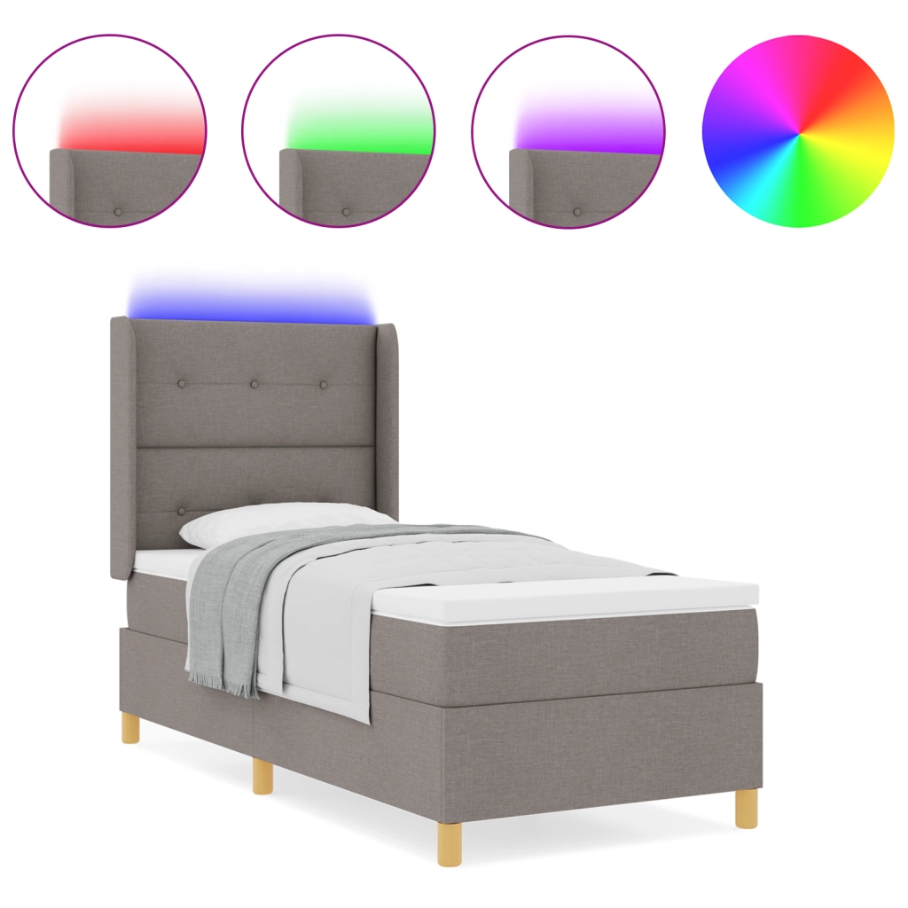 Letto Box Spring con Materasso e LED Tortora 90x200 cm Tessuto
