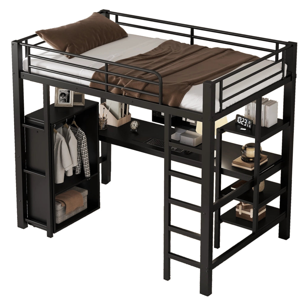 Letto a castello 90x200 cm con scrivania e armadio in metallo nero