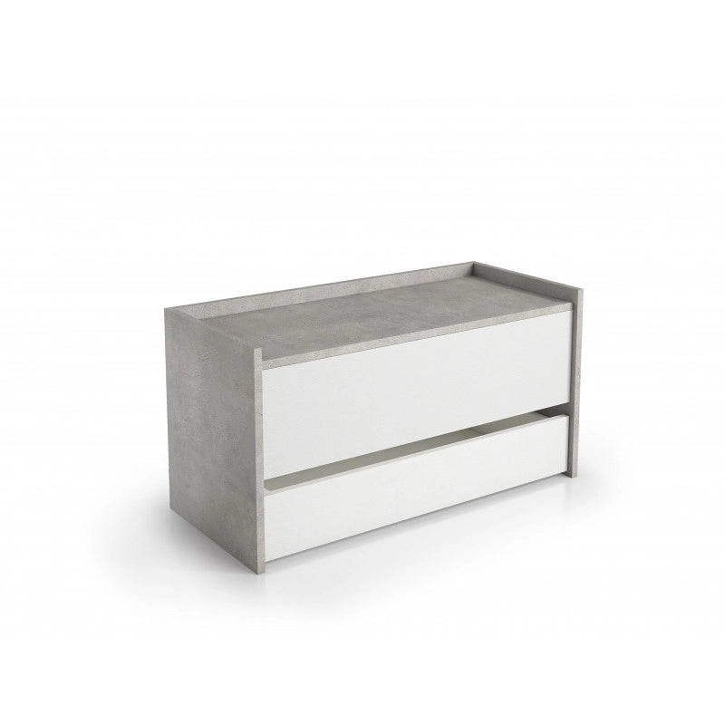 Baule contenitore con chiusura rallentata e cassetto con guide in metallo cemento e bianco 90x40x46 cm - Terraneo