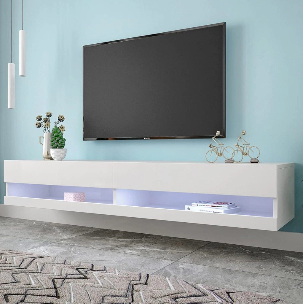 MOBILE TV sospeso con LED MDF bianco controllo via app e telecomando