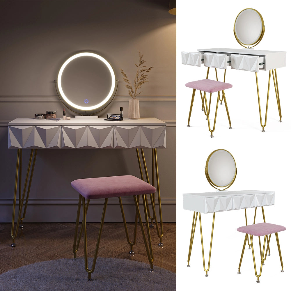 Vicco Tavolo da toeletta Bianco 100 cm con illuminazione LED e sgabello