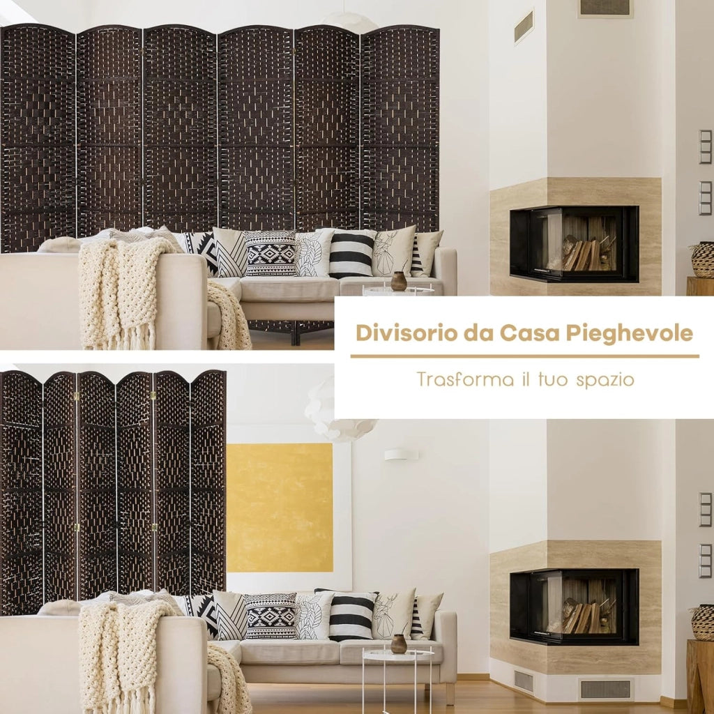 Paravento da Interno ed Esterno 6 Pannelli, Separé Divisorio Pieghevole in Carta Intrecciata a Mano e Cornice in Legno Massello per Camera da Letto, Soggiorno e Ufficio, 273 x 180 cm (Marrone)