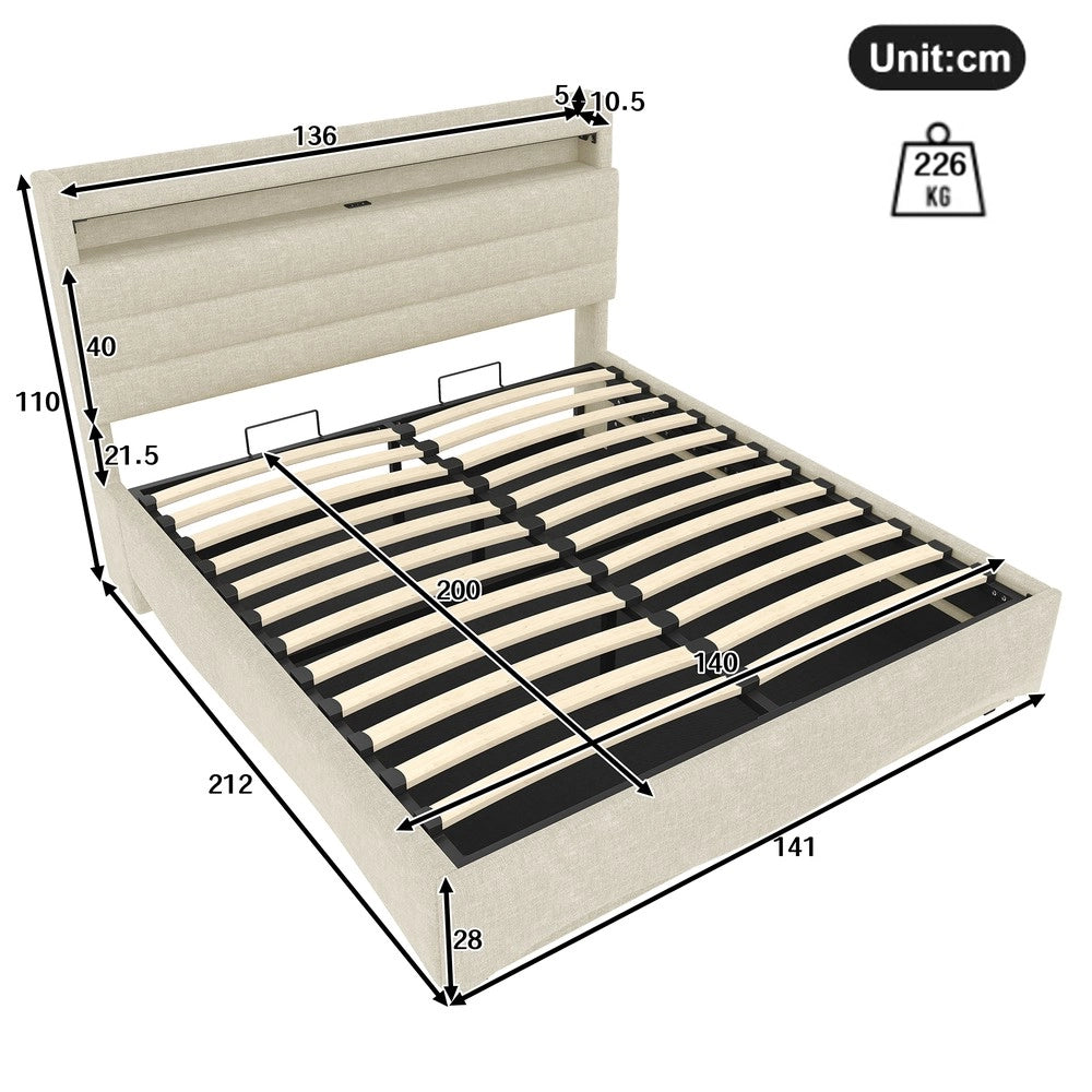 Letto Imbottito Contenitore con LED ¨C MINIMAL ¨C Tessuto Beige, 140x200, Idraulico