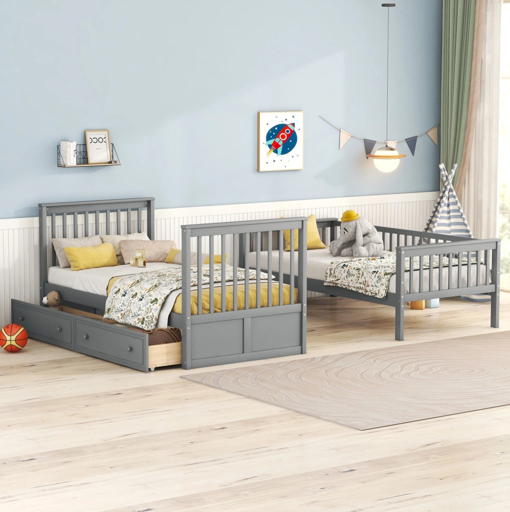 Letto a castello 90x200 cm trasformabile con 2 cassetti; sponde alte; legno e MDF grigio