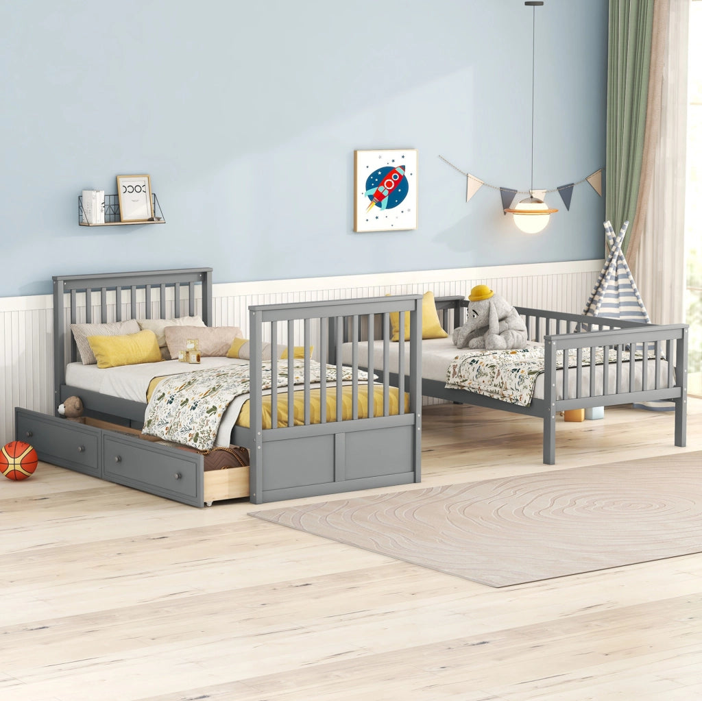 Letto a castello 90x200 cm trasformabile con 2 cassetti; sponde alte; legno e MDF grigio