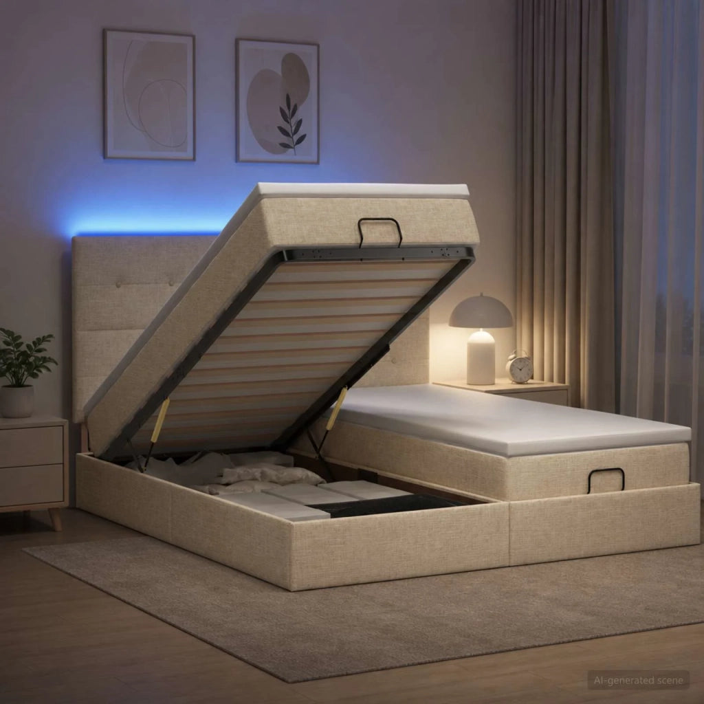 Letto Ottomano con Materasso e LED Crema 180 x 200 cm Tessuto 3458442
