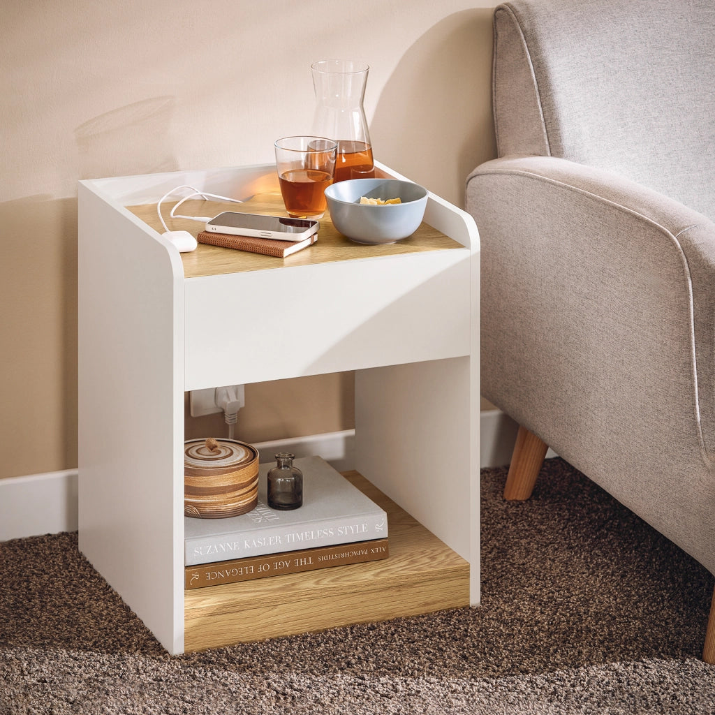 SoBuy Comodino per letto Tavolino stretto Tavolo telefono Bianco e Naturale 45x40x55cm FBT128-WN