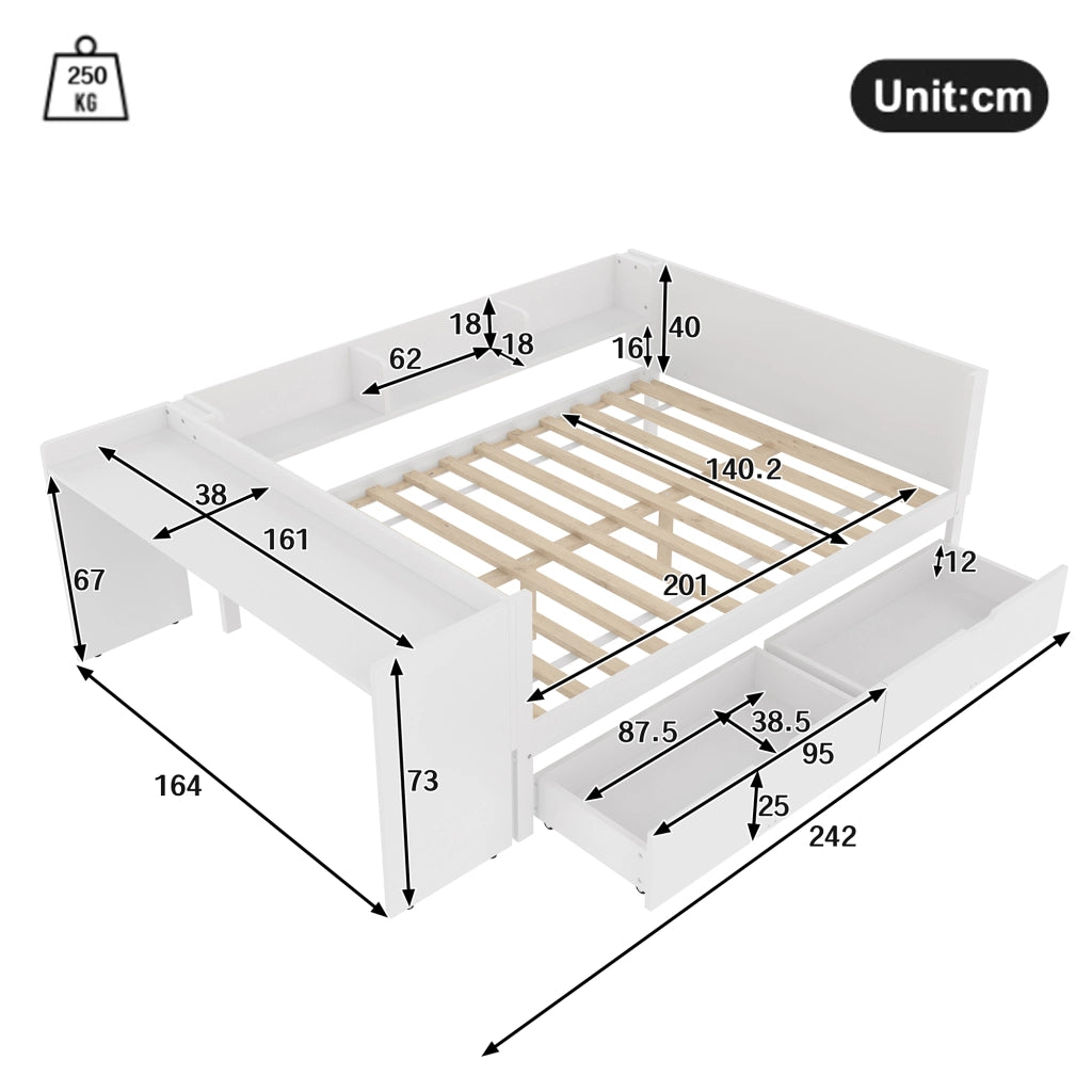 LETTO matrimoniale 140x200 cm bianco in pino, con scrivania, cassetti e ripiani
