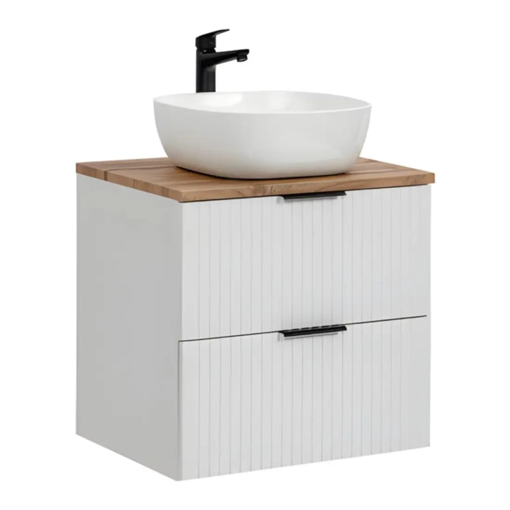 Set da bagno NOXERA 60 cm - Bianco opaco e quercia wotan con lavabo da appoggio
