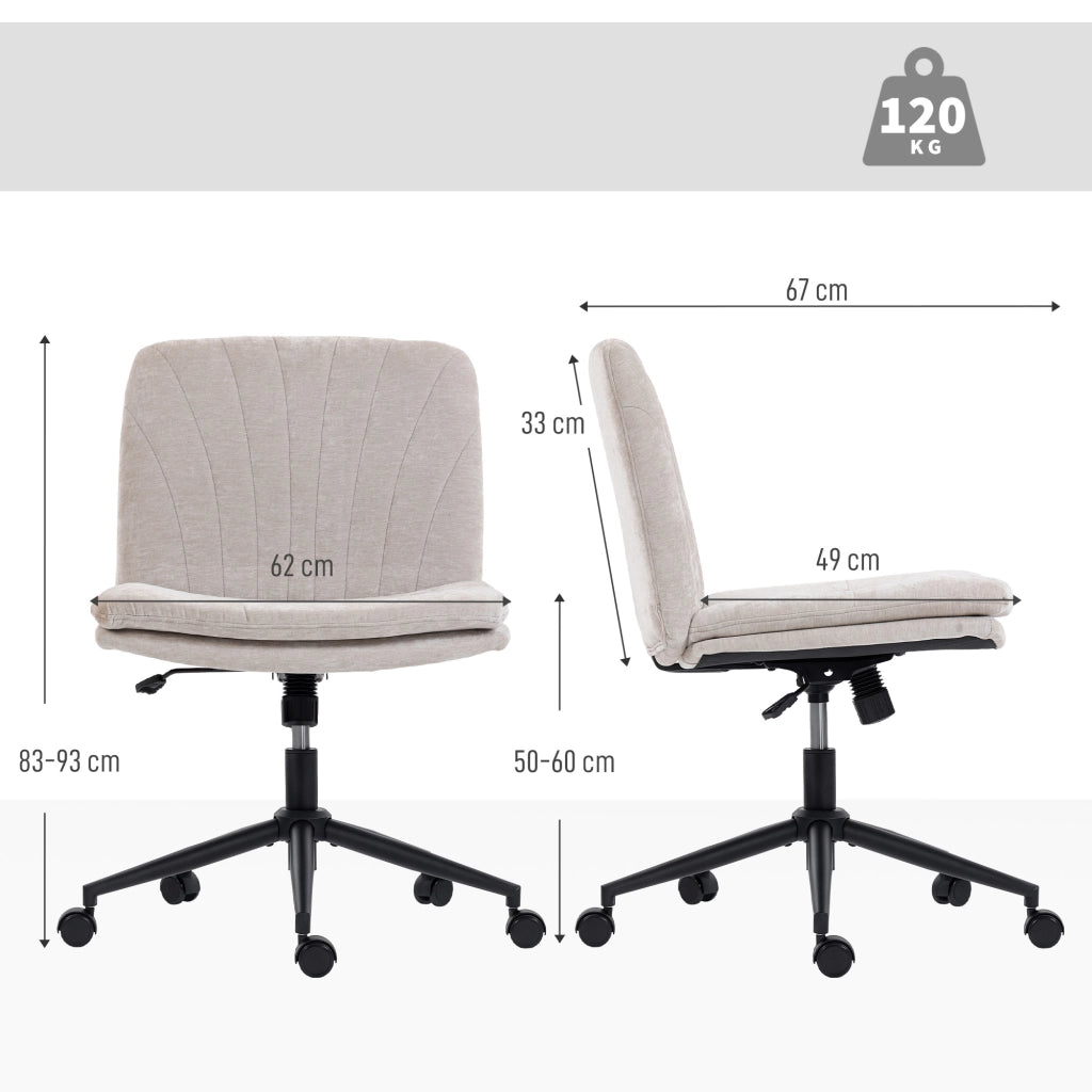 Sedia da Ufficio Regolabile. Inclinabile e Girevole. in Tessuto Chenille e Acciaio. 62x67x83-93 cm. Beige