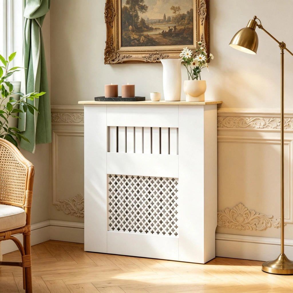 Copriradiatore bianco 78x19x81 cm, design moderno con lamelle e motivo a nido d'ape per termosifoni