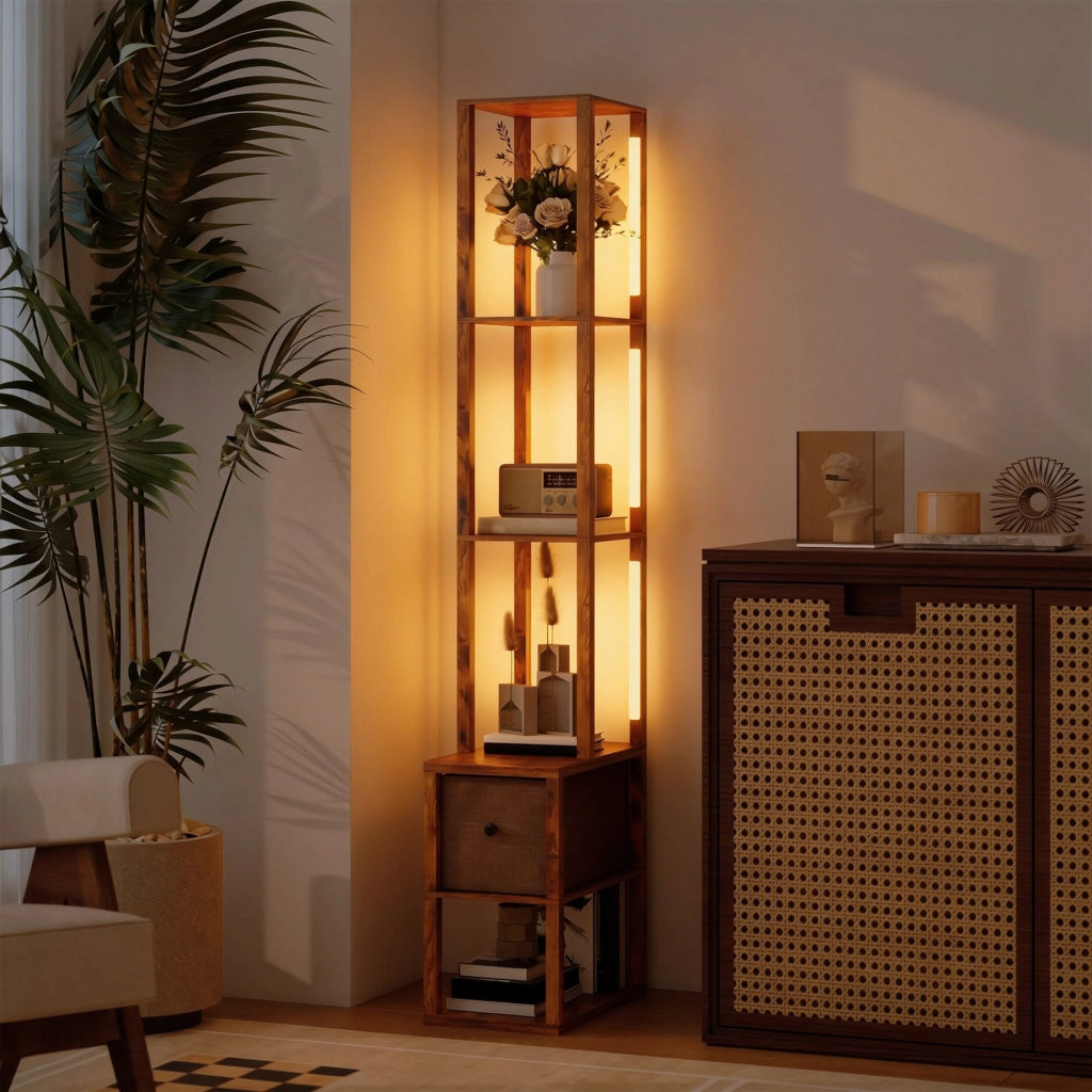 Lampada da terra con scaffali, regolabile, colore marrone ¨C zephmum ¨C 160x30x30