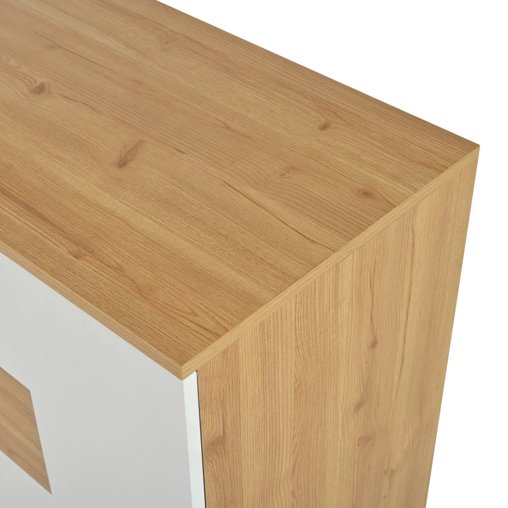 Credenza con 2 ante 4 cassetti LED e ripiani regolabili per soggiorno, in MDF, bianco e legno, 160 × 40 × 77 cm