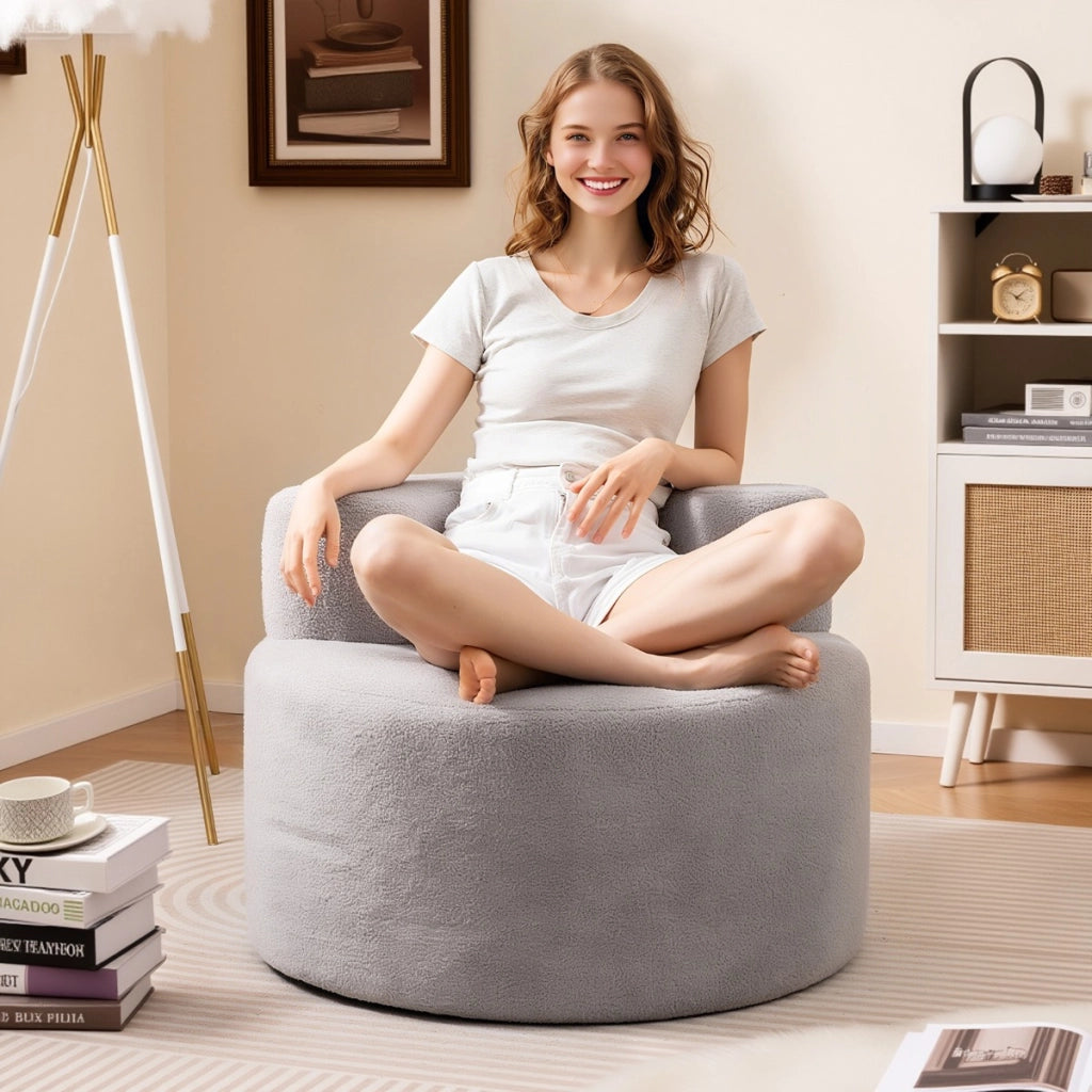 Poltrona pouf a sacco sedia singola da pavimento a forma di luna, Poltrona divano rotondo senza struttura per lettura Grigio-Divani da terra
